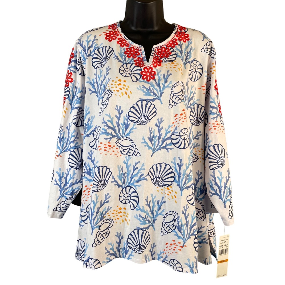 Alfred Dunner Port Side Nautical Seashell Top Sz 3X Plus White Blue Red Casual